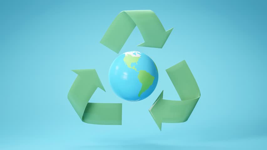 3D render of Earth encircled by a green recycle symbol on a blue background, symbolizing environmental protection, sustainability, and eco-friendly global efforts.
