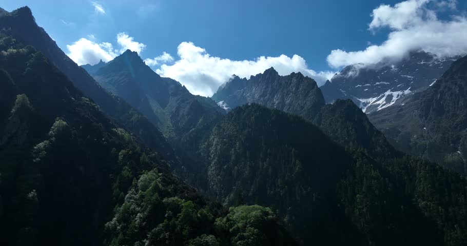 Aerial footage of beautiful high altitude snow capped mountains landscape in sichuan, China