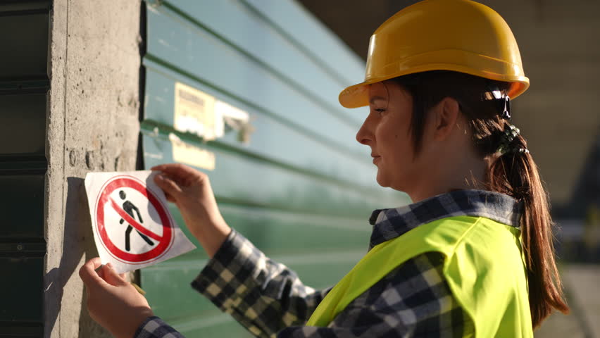 A construction worker applies a no entry sign on a wall at the site to ensure safety compliance and regulations