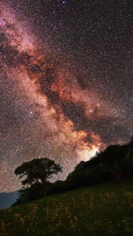 Beautiful night sky time lapse with Milky Way galaxy over mountains  and trees. Night tight landscape starry sky.