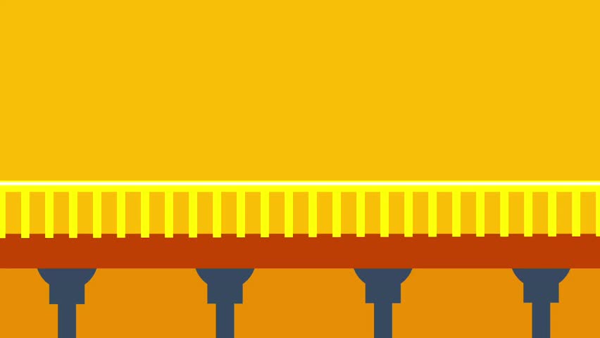 A stylized bridge in golden tones arches across a sunset scene, combining bold architectural structure with vivid warm design elements
