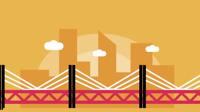 Stylized bridge with poles and glowing elements over abstract shapes conveys futuristic urban design with vibrant city energy