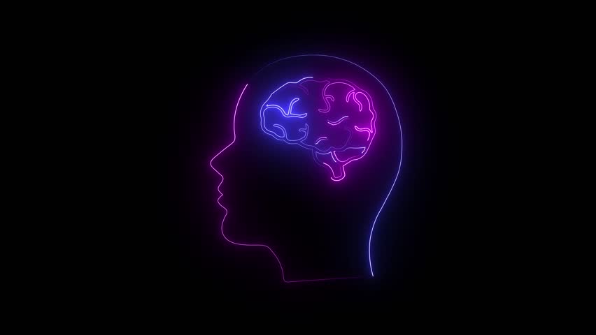 glowing neon human head with brain icon animation with black background. Neon Brain Icon, Glowing Human Intelligence Profile, Futuristic AI Neural Network, - Powered by Shutterstock - Get 15% off with code: PIKWIZARD15