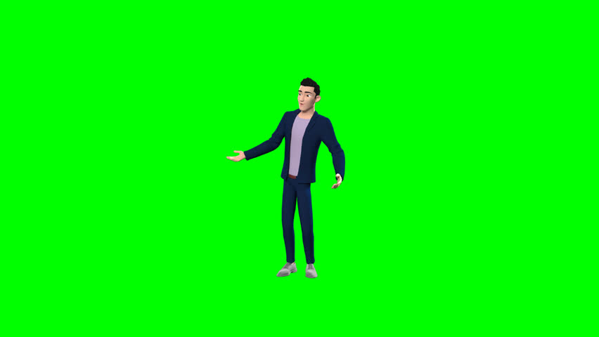 3D Green Screen of Young Man Haru Talking and Listening – Perfect for Digital Presentations, Explainers, or Business Content. Versatile green screen animation for content creators.