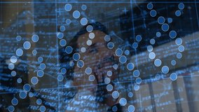 Mature business man taking incoming call and scrolling animated data overlay for report review. Professional, technology, sleek, corporate, digital, data visualization, communication - Powered by Shutterstock - Get 15% off with code: PIKWIZARD15