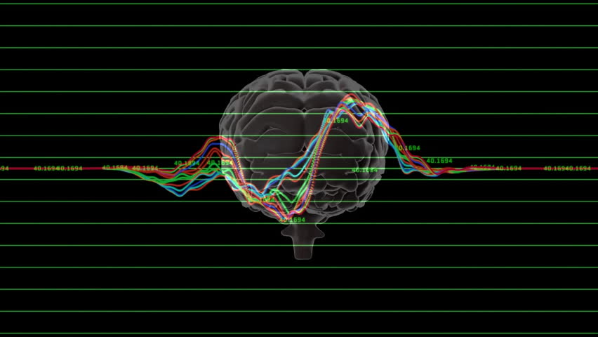 At start, transparent 3D brain rotating as waves oscillating across grid with ticks showing data. Neuroscience, data visualization, cognition, biometric, experimental, futuristic, analytical