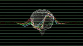 At start, transparent 3D brain rotating as waves oscillating across grid with ticks showing data. Neuroscience, data visualization, cognition, biometric, experimental, futuristic, analytical - Powered by Shutterstock - Get 15% off with code: PIKWIZARD15