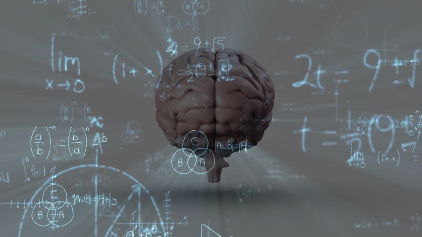 Formulas fading around rotating 3D brain, beams pulsing, symbols drifting showing brain activity. Neuroscience, cognition, innovation, visualization, technology, learning, experimentation - Powered by Shutterstock - Get 15% off with code: PIKWIZARD15