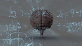 Formulas fading around rotating 3D brain, beams pulsing, symbols drifting showing brain activity. Neuroscience, cognition, innovation, visualization, technology, learning, experimentation - Powered by Shutterstock - Get 15% off with code: PIKWIZARD15