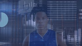 Camera panning up activating sports analytics overlays around basketball player lifting ball in gym. Athlete, data visualization, sports performance, fitness, technology, motivation, innovation - Powered by Shutterstock - Get 15% off with code: PIKWIZARD15
