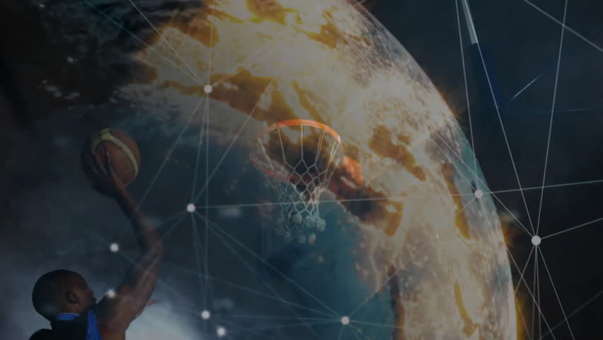 Male athlete dunking basketball over globe, net morphing into data mesh illustrating connectivity. Athlete, connectivity, digital, innovation, futuristic, technology, network - Powered by Shutterstock - Get 15% off with code: PIKWIZARD15