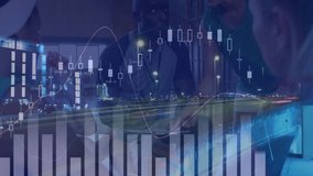 Business execs gathering at night scrolling tablet as translucent charts fading pulsing city lights. Collaboration, finance, technology, digital, urban, analytics, strategy - Powered by Shutterstock - Get 15% off with code: PIKWIZARD15