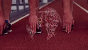 Hologram emerging rotating fading triggers sprinters adjusting grips to reveal start positions. Athletes, competition, innovation, technology, endurance, determination, speed - Powered by Shutterstock - Get 15% off with code: PIKWIZARD15