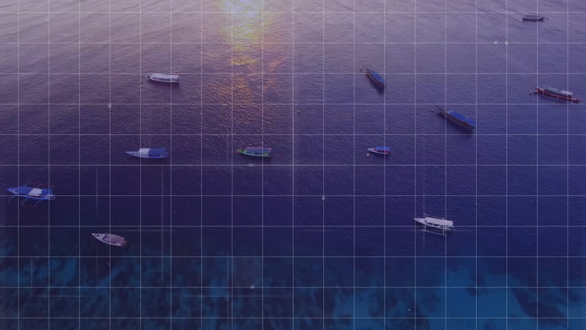 Sunrise ocean activating tracking overlay, linking boats with pulsing HUD markers and gridlines. Aerial view, maritime technology, digital interface, vessel monitoring, coastal environment, data - Powered by Shutterstock - Get 15% off with code: PIKWIZARD15