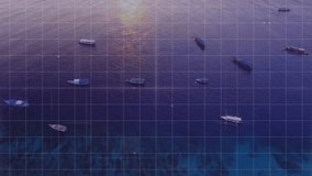 Sunrise ocean activating tracking overlay, linking boats with pulsing HUD markers and gridlines. Aerial view, maritime technology, digital interface, vessel monitoring, coastal environment, data - Powered by Shutterstock - Get 15% off with code: PIKWIZARD15