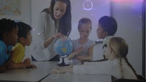 Teacher spinning globe in education, students watching as glowing network connects continents. Educational, learning, globe, digital, connectivity, classroom, youthful - Powered by Shutterstock - Get 15% off with code: PIKWIZARD15