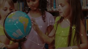 Girl spinning globe sparking peers exploring continents with network graphics in school library. Children, education, exploration, teamwork, learning, discovery, collaboration - Powered by Shutterstock - Get 15% off with code: PIKWIZARD15