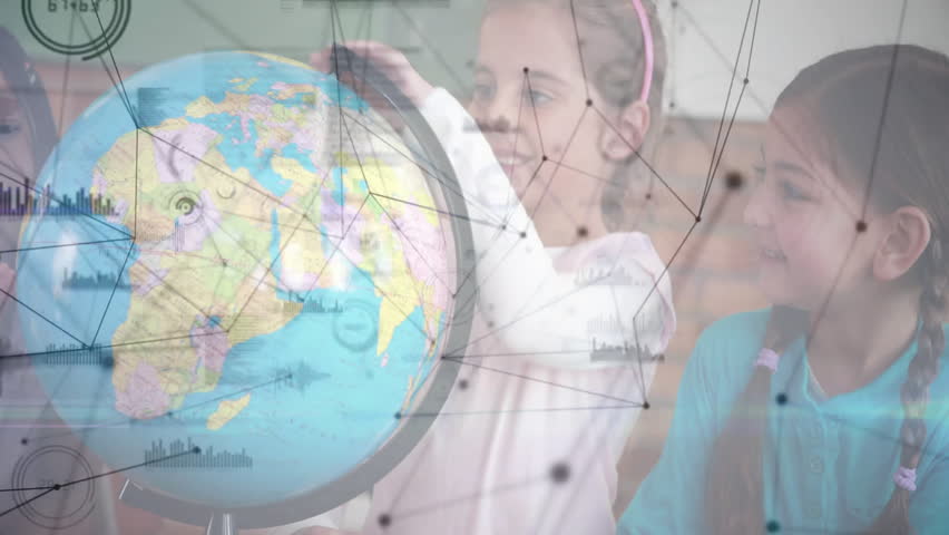 Three students spinning globe in geography class activating overlays exploring global connections. Educational, exploration, diversity, interaction, technology, learning, teamwork - Powered by Shutterstock - Get 15% off with code: PIKWIZARD15