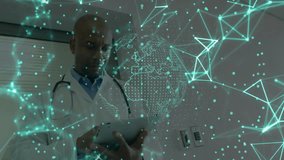 Male doctor tapping tablet and displaying rotating holographic globe network for medical analysis. Technology, healthcare, innovation, telemedicine, futuristic, biometric, biomedical - Powered by Shutterstock - Get 15% off with code: PIKWIZARD15