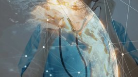 Medical professional lifting stethoscope earpiece and scanning digital globe for live health data. Medical, technology, innovation, global, healthcare, connectivity, futuristic - Powered by Shutterstock - Get 15% off with code: PIKWIZARD15