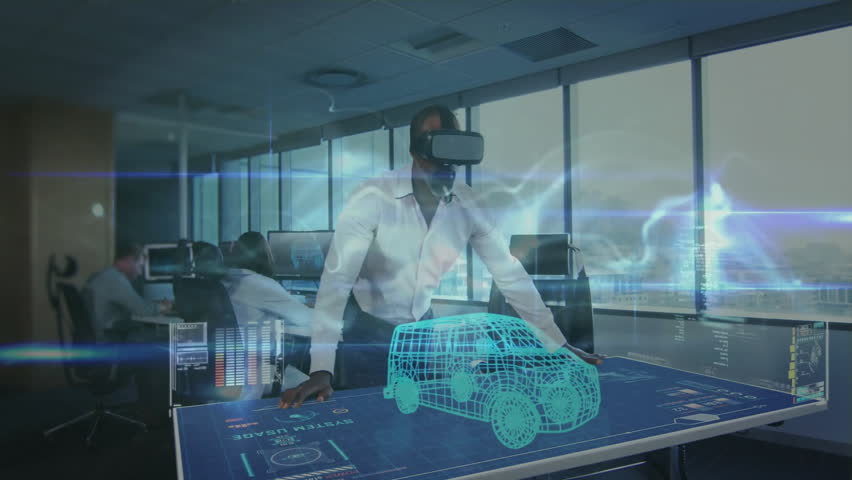 Male engineer using VR headset at engineering workstation rotating 3D car hologram for review. Interactive, innovation, technology, collaboration, futuristic, data, visualization - Powered by Shutterstock - Get 15% off with code: PIKWIZARD15