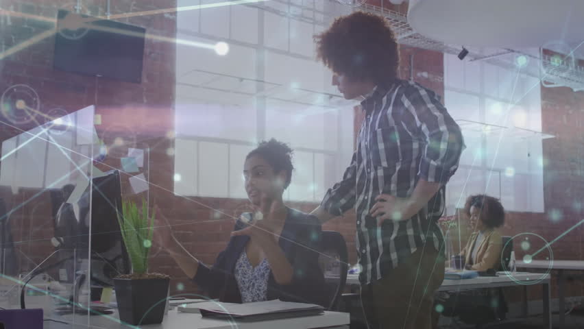 Coworker tapping pen and launching animated nodes showing business data flow explaining findings. Collaboration, teamwork, digital interface, professional environment, modern office, data
