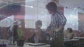 Coworker tapping pen and launching animated nodes showing business data flow explaining findings. Collaboration, teamwork, digital interface, professional environment, modern office, data - Powered by Shutterstock - Get 15% off with code: PIKWIZARD15