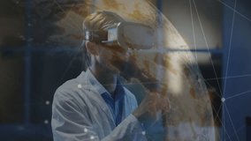 Scientist slipping VR headset in lab and analyzing holographic globe with floating network nodes. Futuristic, innovation, technology, digital, immersive, interface, data - Powered by Shutterstock - Get 15% off with code: PIKWIZARD15