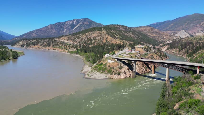 A drone aerial view of Lytton a village in southern British Columbia, Canada. It is the confluence of the Fraser River and Thompson River at the upper end of the Fraser Canyon. 