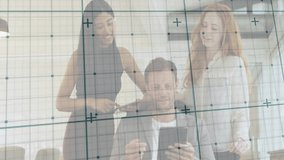 Man tapping tablet and colleagues leaning pointing grid overlay and agreeing on business strategy. Collaboration, teamwork, innovation, modern, professional, digital, communication - Powered by Shutterstock - Get 15% off with code: PIKWIZARD15