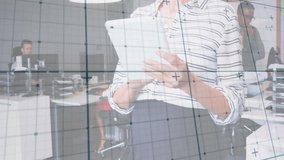 Mid adult woman tapping tablet screen in business office while grid overlay guiding data review. Technology, collaboration, modern, workspace, professional, digital, efficiency - Powered by Shutterstock - Get 15% off with code: PIKWIZARD15