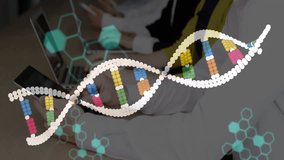Female coder typing triggers animated code overlays and rotating DNA helix analyzing genetic data. Futuristic, innovation, data, technology, collaboration, scientific, digital - Powered by Shutterstock - Get 15% off with code: PIKWIZARD15