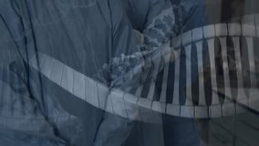 Surgical team observing rotating 3D DNA helix materializing over torsos for gene analysis in OR. Innovation, biotechnology, healthcare, science, research, precision, collaboration - Powered by Shutterstock - Get 15% off with code: PIKWIZARD15