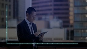 Business professional tapping and swiping tablet on rooftop to generate animated bar and line chart. Technology, analytics, data visualization, digital interface, urban, innovation, professional - Powered by Shutterstock - Get 15% off with code: PIKWIZARD15