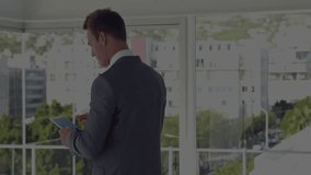 Executive tapping tablet by glass window analyzing market data and activating holographic graphs. Technology, finance, data visualization, corporate, modern, innovation, analytics - Powered by Shutterstock - Get 15% off with code: PIKWIZARD15