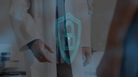 Doctor and patient shaking hands, generating padlock shield with expanding network securing deal. Medical, cybersecurity, technology, collaboration, protection, professionalism, innovation - Powered by Shutterstock - Get 15% off with code: PIKWIZARD15