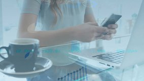 Woman tapping smartphone beside laptop, analyzing floating financial charts and percentages. Technology, productivity, analytics, data visualization, modern, professional, workspace - Powered by Shutterstock - Get 15% off with code: PIKWIZARD15