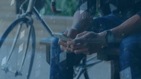 Man sitting on urban bench near bicycle, lifting smartphone and swiping, animating tech data charts. Technology, data visualization, urban lifestyle, digital interface, outdoor setting, modern - Powered by Shutterstock - Get 15% off with code: PIKWIZARD15