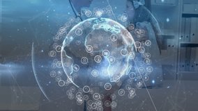 Doctor picking up child and causing 3D globe materializing icons showing global health network. Healthcare, connectivity, pediatrics, digital, innovation, collaboration, medical - Powered by Shutterstock - Get 15% off with code: PIKWIZARD15