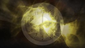 Clock face initiating nebula swirling, clock hands rotating and moon drifting visualizing time flow. Astronomy, cosmic, futuristic, abstract, digital, celestial, illumination - Powered by Shutterstock - Get 15% off with code: PIKWIZARD15