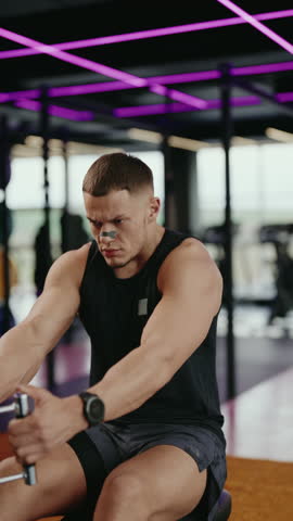 A muscular man performs seated cable rows in a modern gym with vibrant purple lighting. He is focused and determined, pulling the handles with effort, showcasing strength and dedication to fitness.