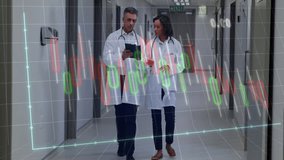Doctors entering hospital corridor walking and reviewing holographic financial chart for budgeting. Medical, technology, analysis, futuristic, professional, collaboration, data - Powered by Shutterstock - Get 15% off with code: PIKWIZARD15