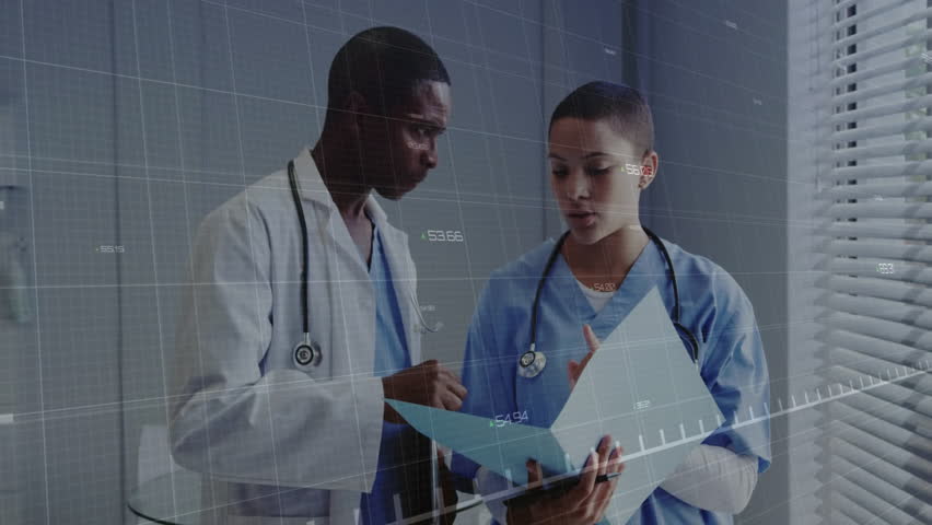 Female doctor tapping chart showing floating green graph, male doctor examining rising data. Medical professionals, healthcare teamwork, data analysis, clinical consultation, digital health, medical