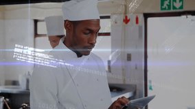 Chef tapping tablet to track kitchen metrics while animated code and charts drifting across display. Professional, technology, contemporary, culinary, innovation, digital, teamwork - Powered by Shutterstock - Get 15% off with code: PIKWIZARD15