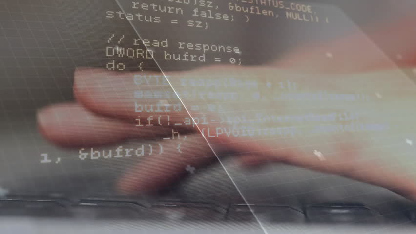 Programmer hand pressing keys starting hex HUD overlay shifting through HTTP geometry to show logic. Futuristic, digital, technology, coding, algorithm, software, constructive