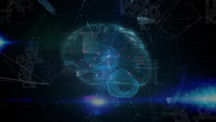 Emerging brain rotating, nodes linking code panels and arrows converging visualizing neural data. Holographic, futuristic, digital, neural, technological, cyber, abstract - Powered by Shutterstock - Get 15% off with code: PIKWIZARD15