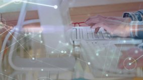 Keyboard typing initiating network overlay as coworker writing notepad with stylus in office UI. Collaboration, digital innovation, modern workspace, technology, teamwork, productivity, creative - Powered by Shutterstock - Get 15% off with code: PIKWIZARD15