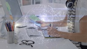 Designer reaching for swatches and comparing shades with fading 3D sphere guiding color matching. Creative, innovation, technology, modern, workspace, inspiration, professionalism - Powered by Shutterstock - Get 15% off with code: PIKWIZARD15