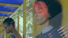 Women at yellow-frame bus shelter technology charts sliding, woman scrolling cell to analyze data. Data, visualization, communication, analytics, digital, network, innovation - Powered by Shutterstock - Get 15% off with code: PIKWIZARD15