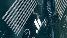 Man holding smartphone with pastry tapping screen and swiping bar charts into finance AR dashboard. Technology, data visualization, digital interface, innovation, business, analytics, futurism - Powered by Shutterstock - Get 15% off with code: PIKWIZARD15